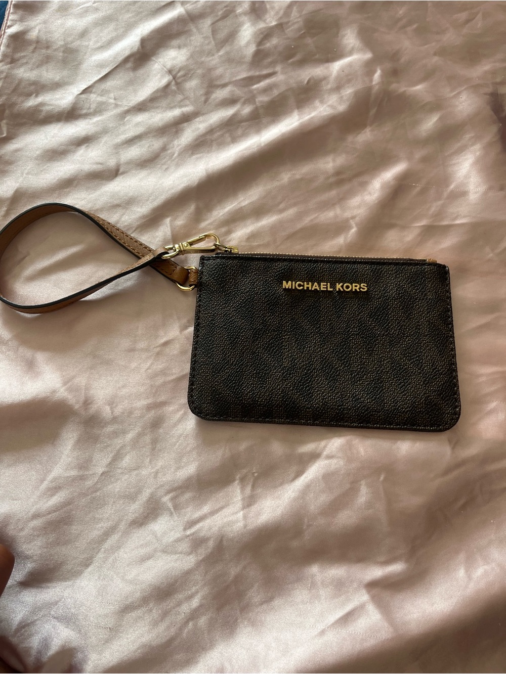 Michael Kors Brown Leather Wristlet Card Case with Gold Logo